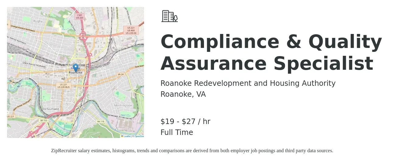 Roanoke Redevelopment and Housing Authority job posting for a Compliance & Quality Assurance Specialist in Roanoke, VA with a salary of $21 to $29 Hourly with a map of Roanoke location.