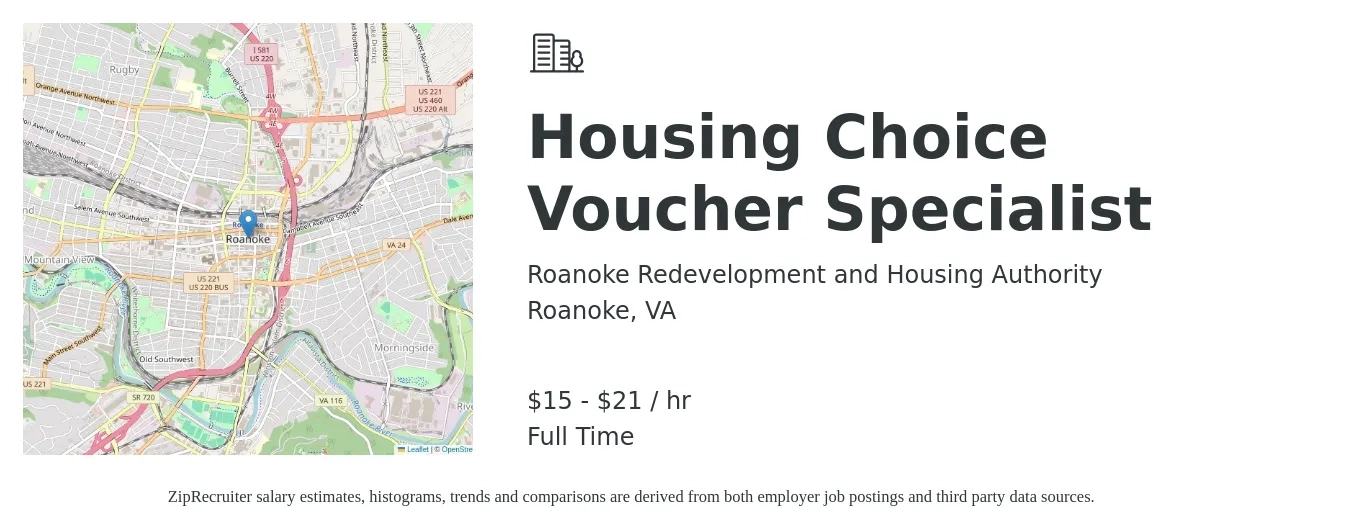 Roanoke Redevelopment and Housing Authority job posting for a Housing Choice Voucher Specialist in Roanoke, VA with a salary of $16 to $22 Hourly with a map of Roanoke location.