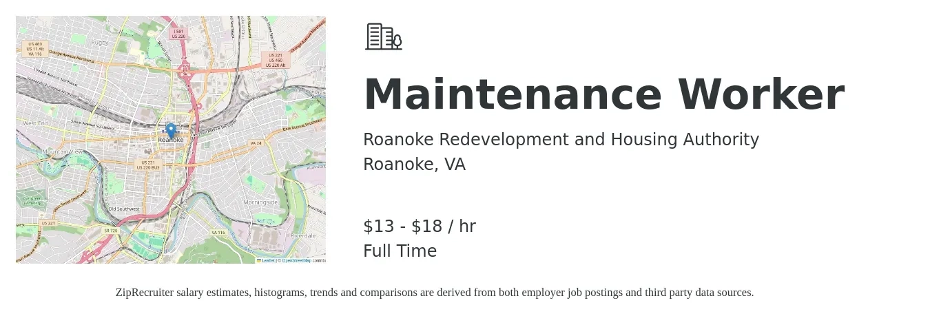 Roanoke Redevelopment and Housing Authority job posting for a Maintenance Worker in Roanoke, VA with a salary of $14 to $19 Hourly with a map of Roanoke location.