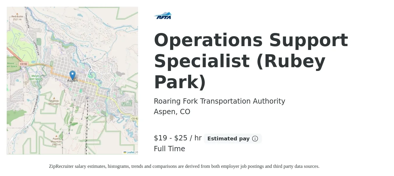Roaring Fork Transportation Authority job posting for a Operations Support Specialist (Rubey Park) in Aspen, CO with a salary of $20 to $26 Hourly with a map of Aspen location.