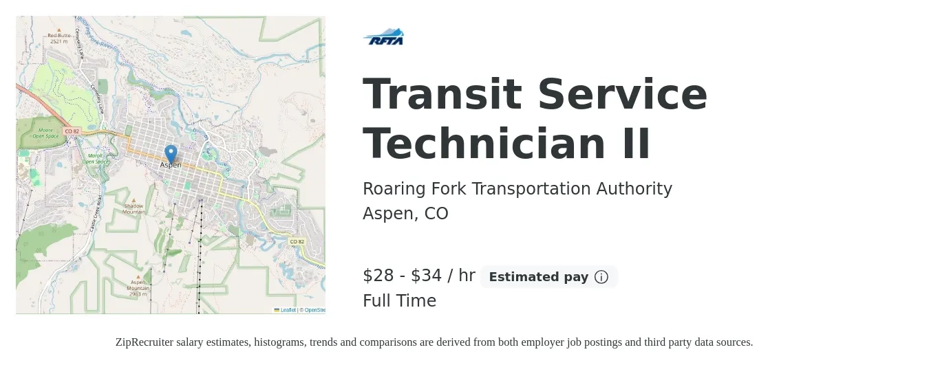 Roaring Fork Transportation Authority job posting for a Transit Service Technician II in Aspen, CO with a salary of $29 to $36 Hourly with a map of Aspen location.
