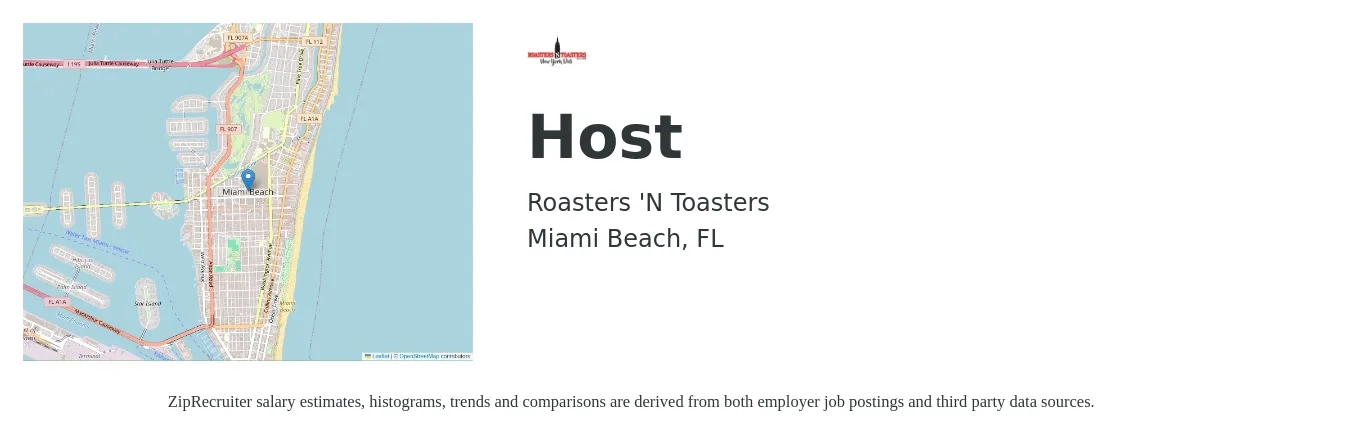 Roasters 'N Toasters job posting for a Host in Miami Beach, FL with a salary of $12 to $16 Hourly with a map of Miami Beach location.