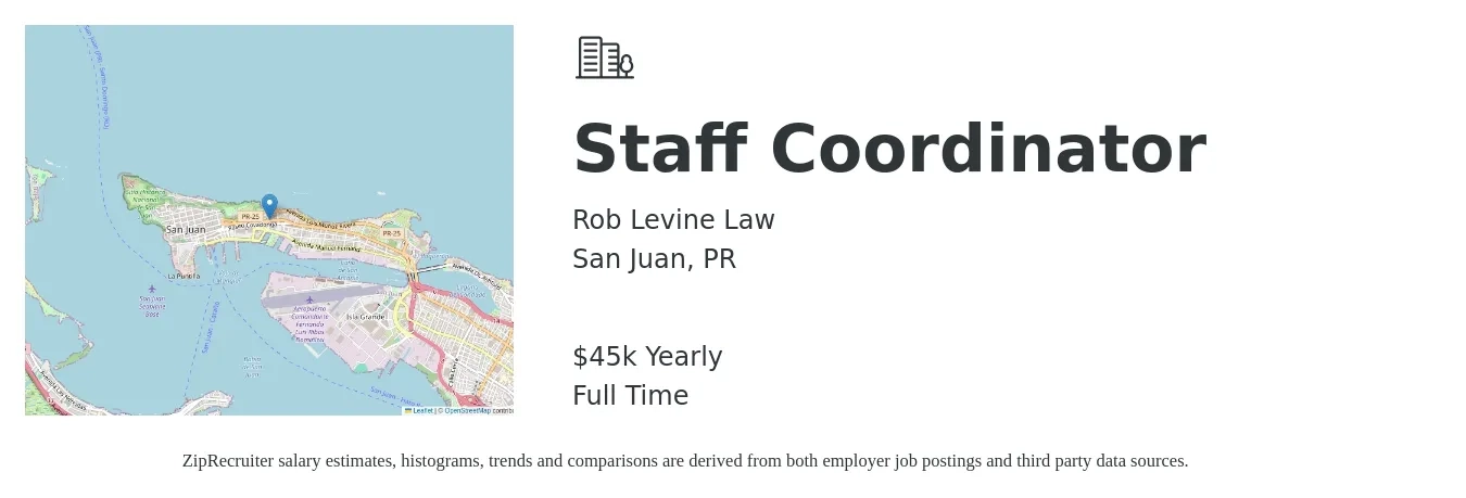 Rob Levine Law job posting for a Staff Coordinator in San Juan, PR with a salary of $45,000 Yearly with a map of San Juan location.
