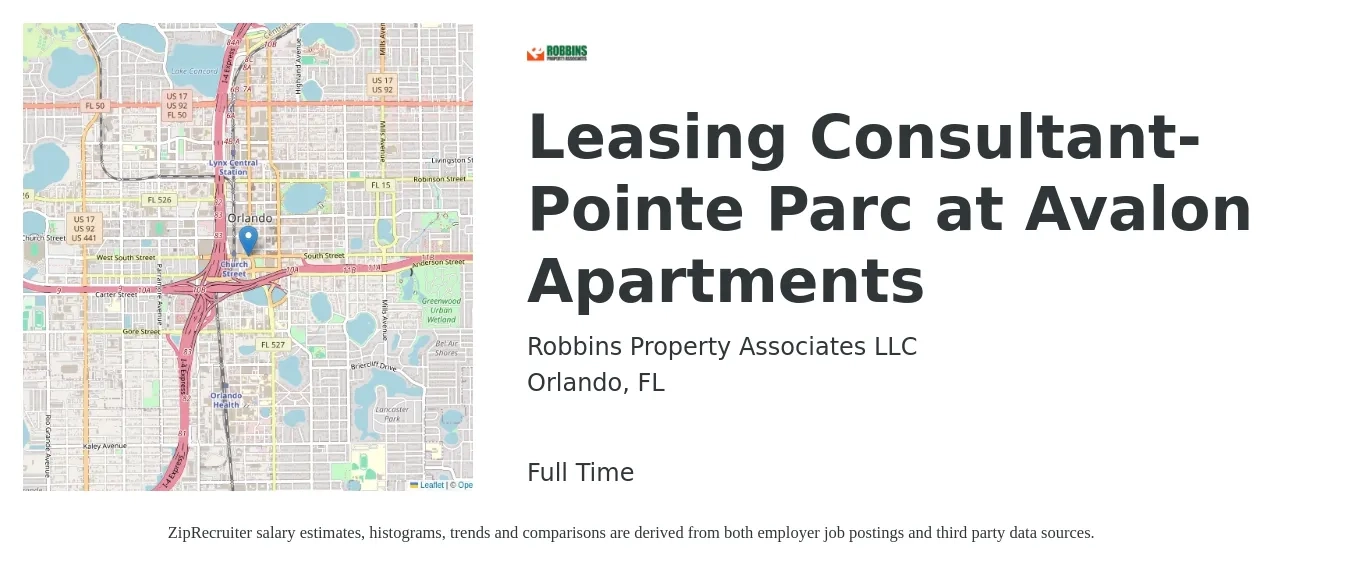 Robbins Property Associates LLC job posting for a Leasing Consultant-Pointe Parc at Avalon Apartments in Orlando, FL with a salary of $14 to $17 Hourly with a map of Orlando location.