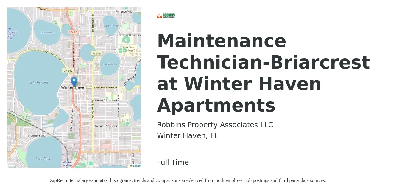 Robbins Property Associates LLC job posting for a Maintenance Technician-Briarcrest at Winter Haven Apartments in Winter Haven, FL with a salary of $17 to $24 Hourly with a map of Winter Haven location.