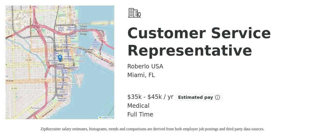 Roberlo USA job posting for a Customer Service Representative in Miami, FL with a salary of $35,000 to $45,000 Yearly and benefits including medical, pto, and retirement with a map of Miami location.