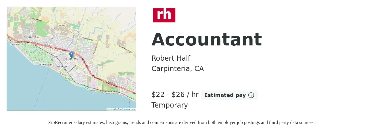 Robert Half job posting for a Accountant in Carpinteria, CA with a salary of $24 to $28 Hourly with a map of Carpinteria location.