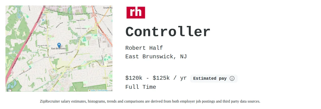 Robert Half job posting for a Controller in East Brunswick, NJ with a salary of $120,000 to $125,000 Annually and benefits including Medical and PTO with a map of East Brunswick location.