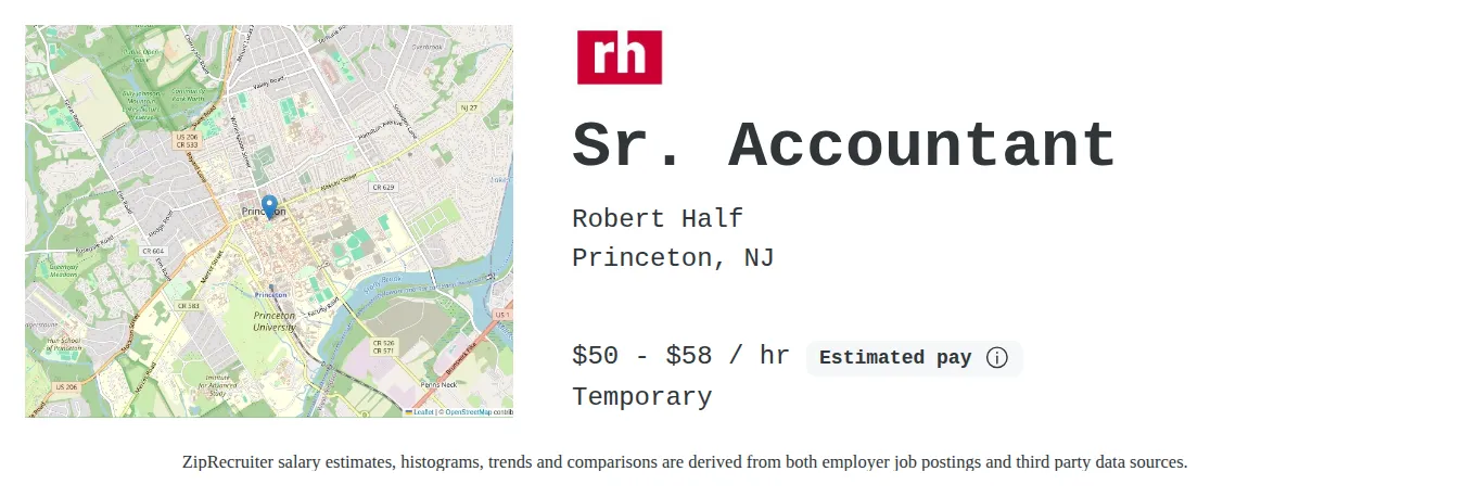 Robert Half job posting for a Sr. Accountant in Princeton, NJ with a salary of $52 to $61 Hourly with a map of Princeton location.