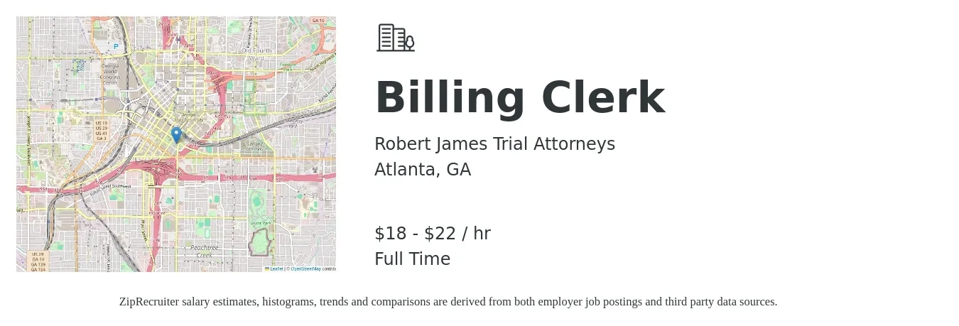 Robert James Trial Attorneys job posting for a Billing Clerk in Atlanta, GA with a salary of $19 to $23 Hourly with a map of Atlanta location.