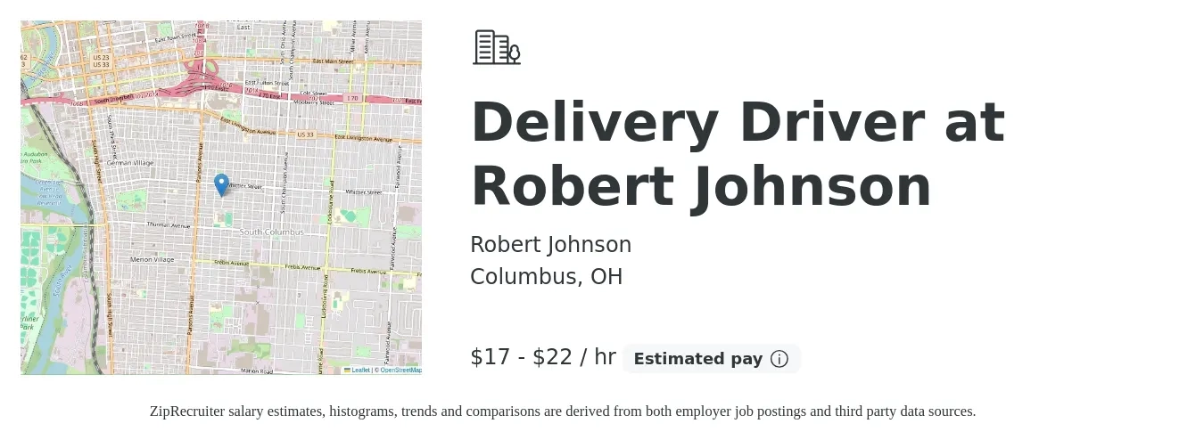Robert Johnson job posting for a Delivery Driver at Robert Johnson in Columbus, OH with a salary of $18 to $24 Hourly with a map of Columbus location.