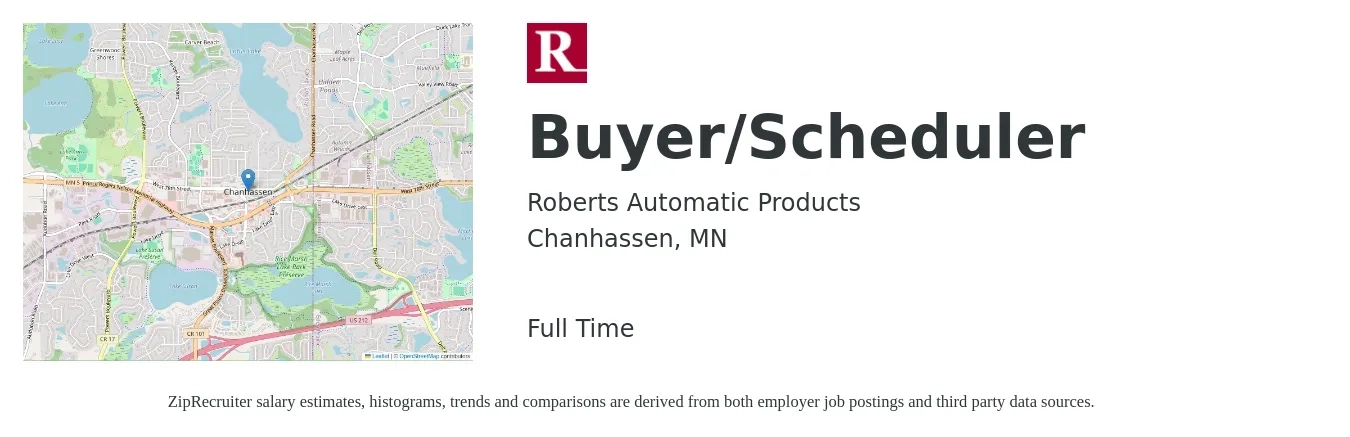 Roberts Automatic Products job posting for a Buyer/Scheduler in Chanhassen, MN with a salary of $50,900 to $76,800 Yearly with a map of Chanhassen location.