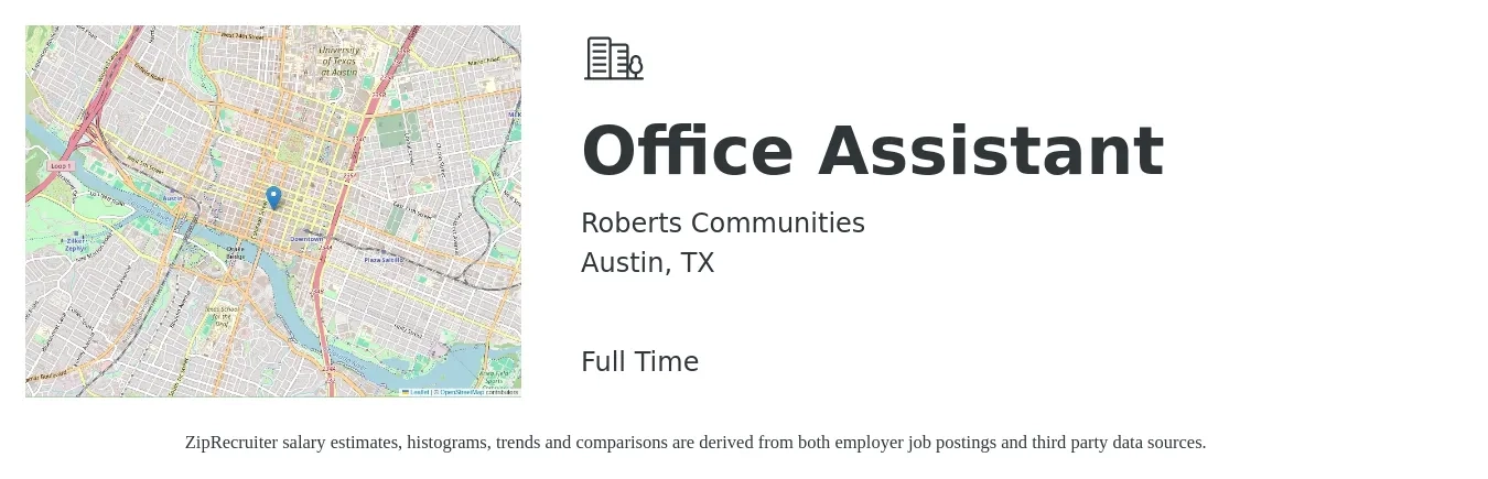 Roberts Communities job posting for a Office Assistant in Austin, TX with a map of Austin location.
