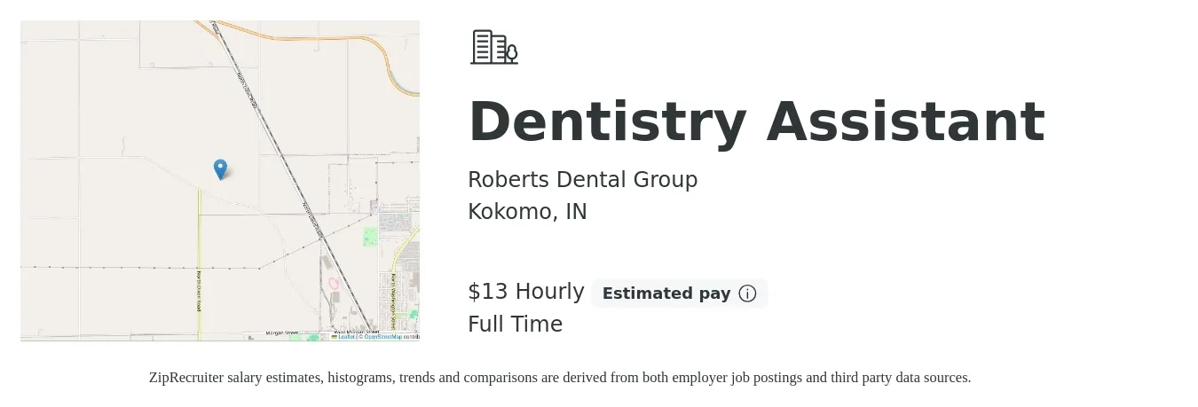Roberts Dental Group job posting for a Dentistry Assistant in Kokomo, IN with a salary of $14 Hourly with a map of Kokomo location.