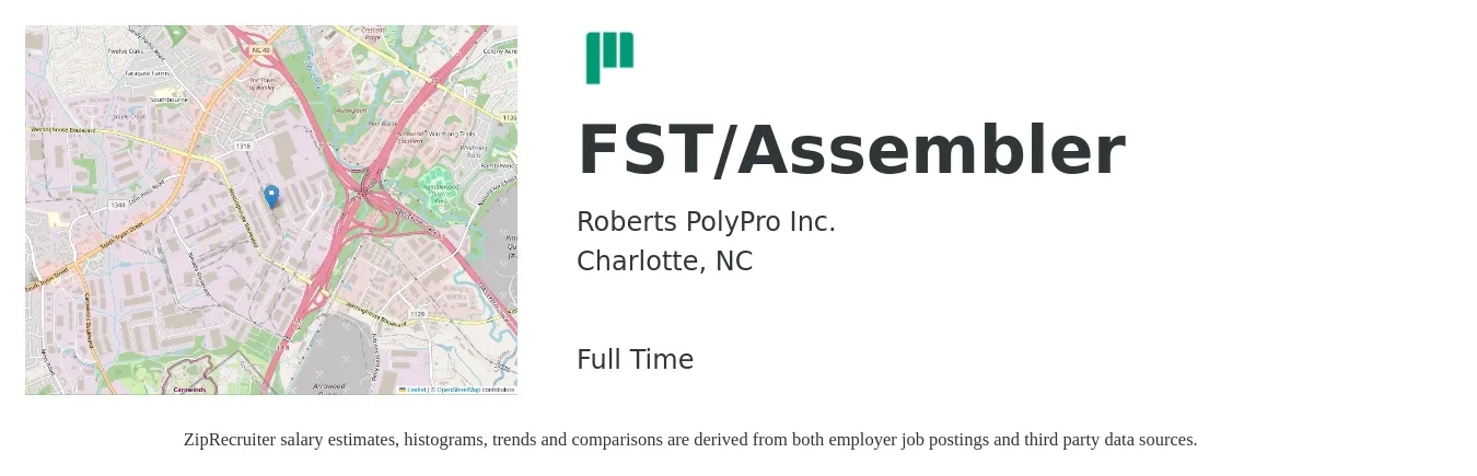 Roberts PolyPro Inc. job posting for a FST/Assembler in Charlotte, NC with a salary of $17 to $22 Hourly with a map of Charlotte location.