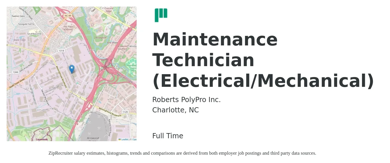 Roberts PolyPro Inc. job posting for a Maintenance Technician (Electrical/Mechanical) in Charlotte, NC with a salary of $26 to $32 Hourly with a map of Charlotte location.