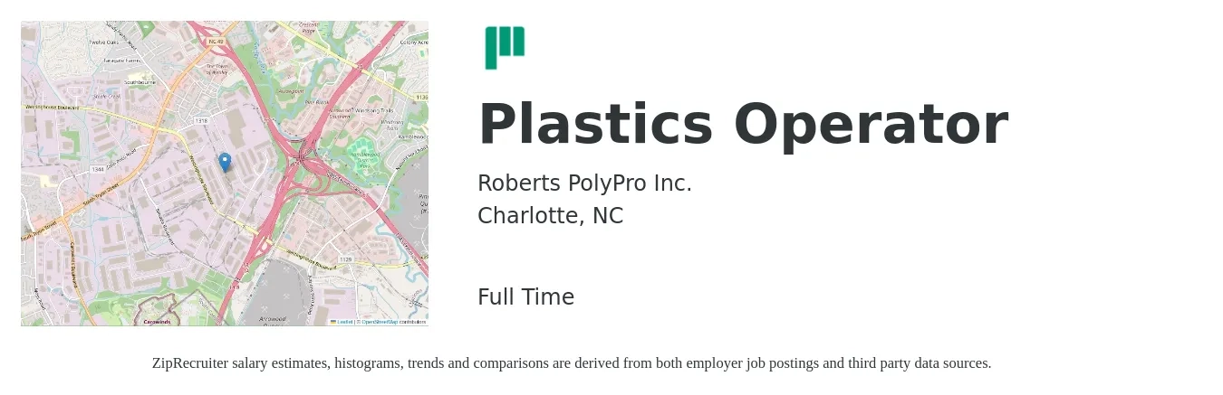 Roberts PolyPro Inc. job posting for a Plastics Operator in Charlotte, NC with a salary of $17 to $22 Hourly with a map of Charlotte location.