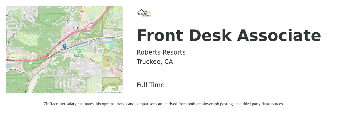Roberts Resorts job posting for a Front Desk Associate in Truckee, CA with a salary of $16 to $20 Hourly with a map of Truckee location.