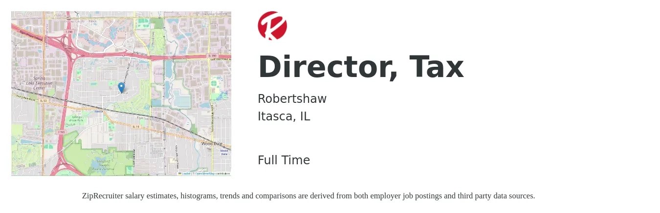 Robertshaw job posting for a Director, Tax in Itasca, IL with a salary of $153,400 to $215,700 Yearly with a map of Itasca location.