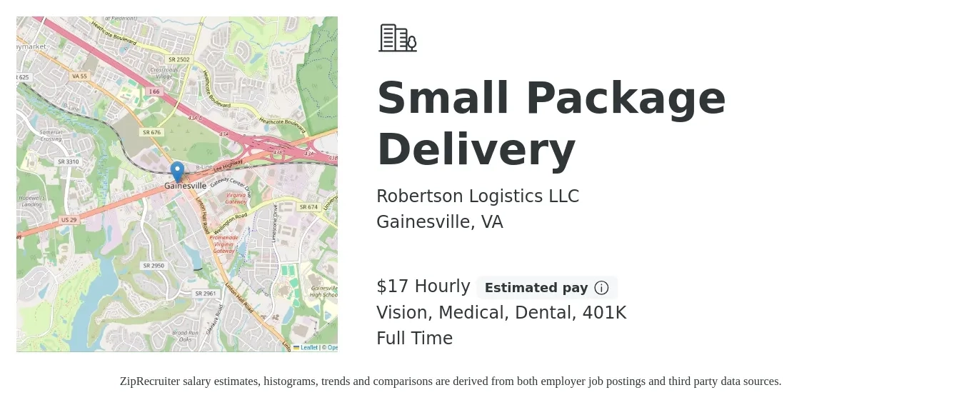 Robertson Logistics LLC job posting for a Small Package Delivery in Gainesville, VA with a salary of $18 Hourly and benefits including 401k, dental, life_insurance, medical, and vision with a map of Gainesville location.