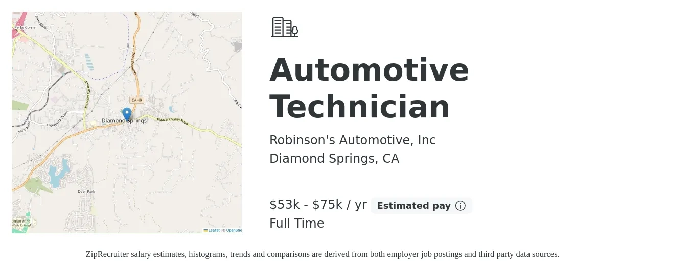 Robinson's Automotive, Inc job posting for a Automotive Technician in Diamond Springs, CA with a salary of $53,000 to $75,200 Yearly with a map of Diamond Springs location.