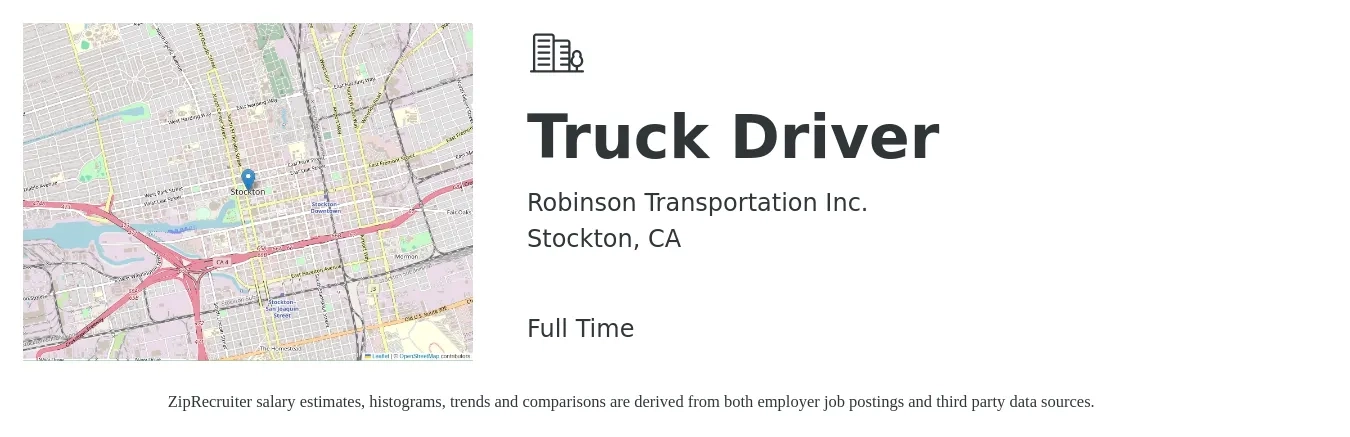 Robinson Transportation Inc. job posting for a Truck Driver in Stockton, CA with a salary of $21 to $35 Hourly with a map of Stockton location.