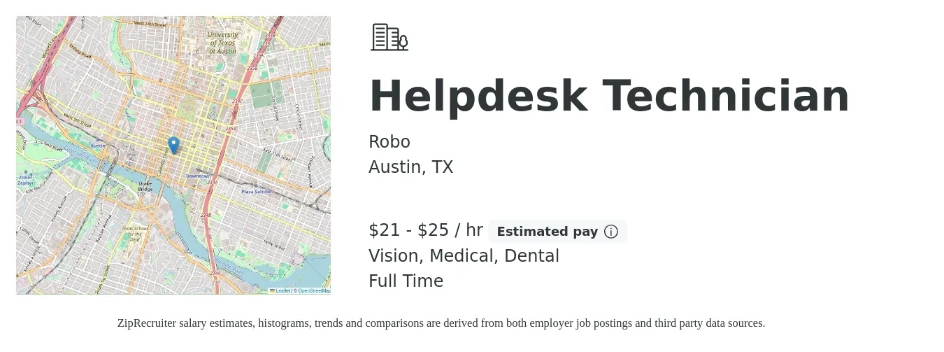 Robo job posting for a Helpdesk Technician in Austin, TX with a salary of $22 to $26 Hourly and benefits including medical, retirement, vision, and dental with a map of Austin location.