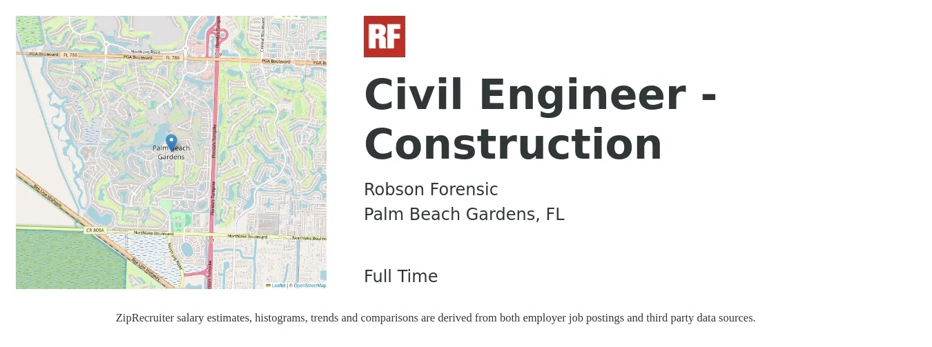 Robson Forensic job posting for a Civil Engineer - Construction in Palm Beach Gardens, FL with a salary of $63,900 to $93,200 Yearly with a map of Palm Beach Gardens location.