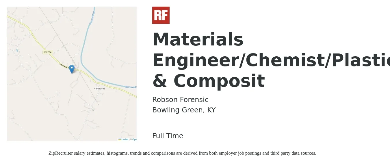 Robson Forensic job posting for a Materials Engineer/Chemist/Plastic & Composit in Bowling Green, KY with a salary of $78,400 to $114,200 Yearly with a map of Bowling Green location.
