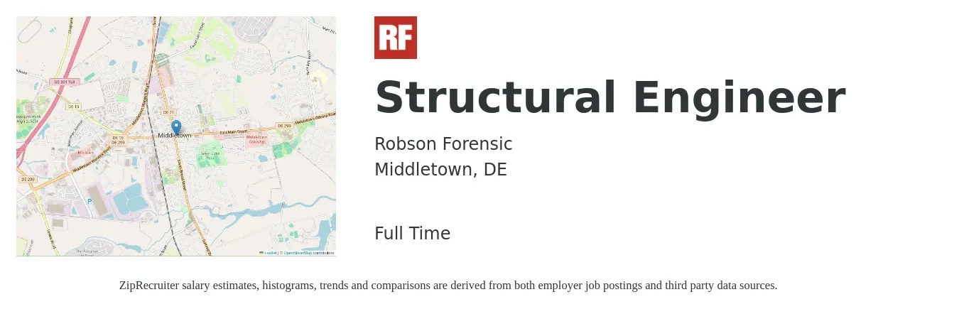 Robson Forensic job posting for a Structural Engineer in Middletown, DE with a salary of $75,400 to $106,500 Yearly with a map of Middletown location.
