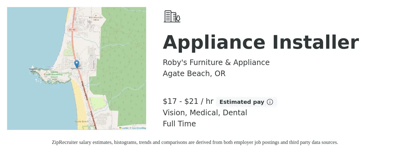 Roby's Furniture & Appliance job posting for a Appliance Installer in Agate Beach, OR with a salary of $18 to $22 Hourly and benefits including medical, pto, retirement, vision, and dental with a map of Agate Beach location.