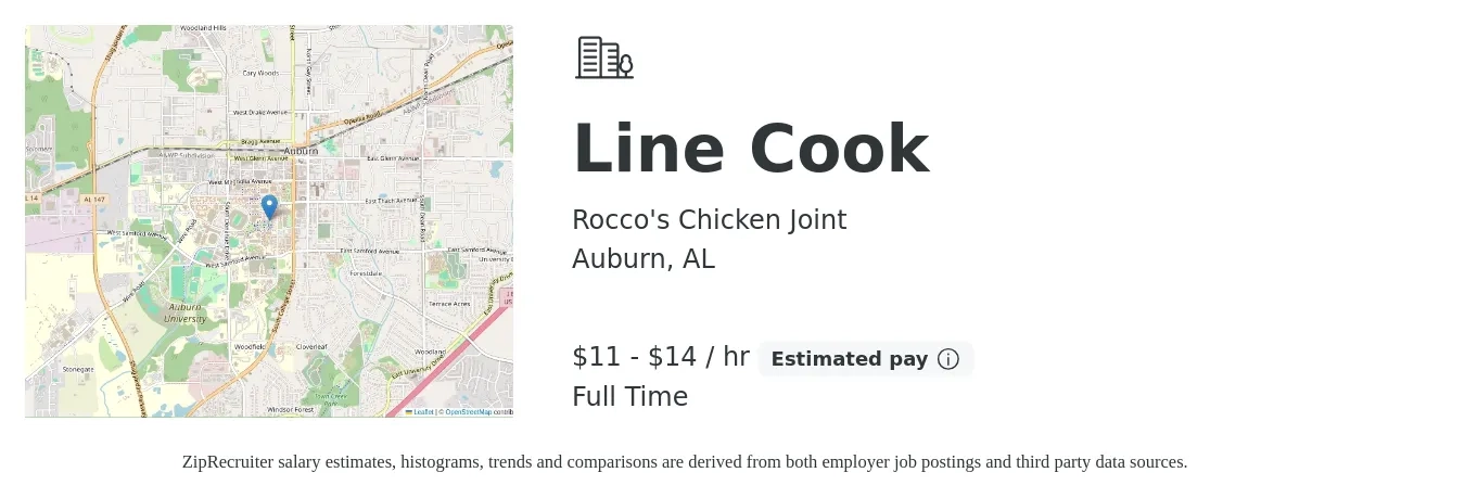 Rocco's Chicken Joint job posting for a Line Cook in Auburn, AL with a salary of $12 to $15 Hourly with a map of Auburn location.