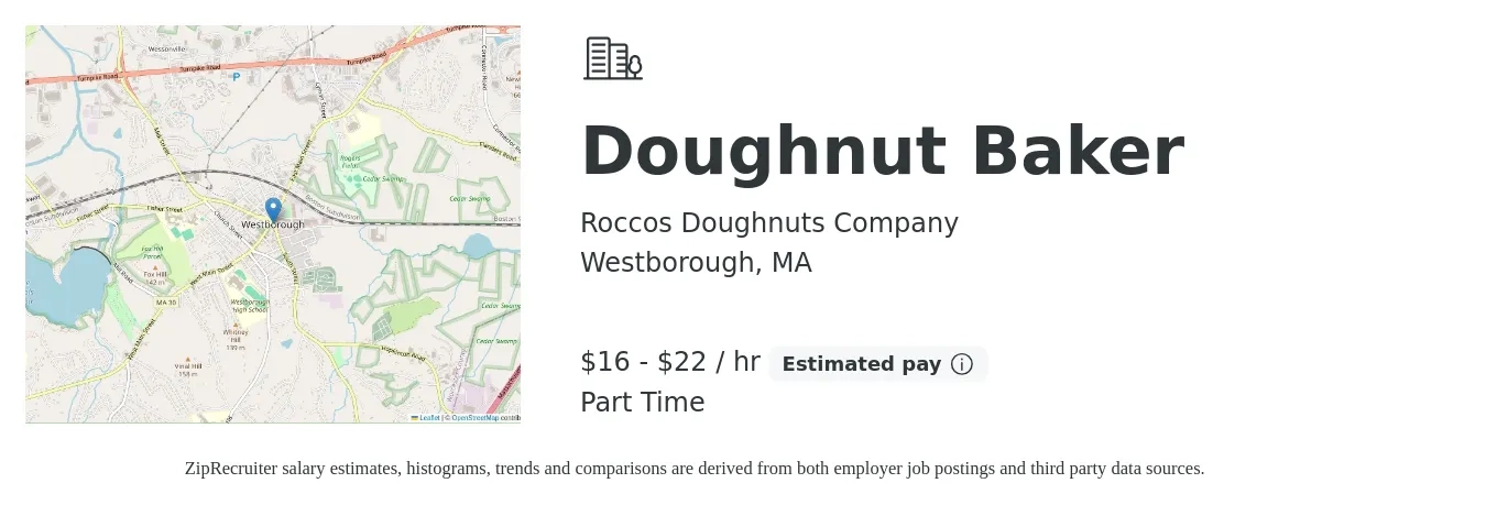Roccos Doughnuts Company job posting for a Doughnut Baker in Westborough, MA with a salary of $17 to $23 Hourly with a map of Westborough location.