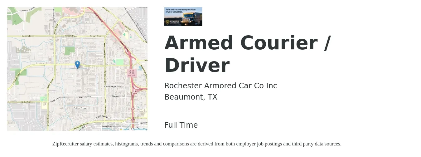 Rochester Armored Car Co Inc job posting for a Armed Courier / Driver in Beaumont, TX with a salary of $17 to $20 Hourly with a map of Beaumont location.