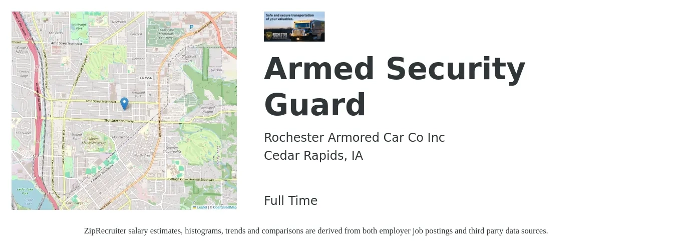 Rochester Armored Car Co Inc job posting for a Armed Security Guard in Cedar Rapids, IA with a salary of $17 to $22 Hourly with a map of Cedar Rapids location.