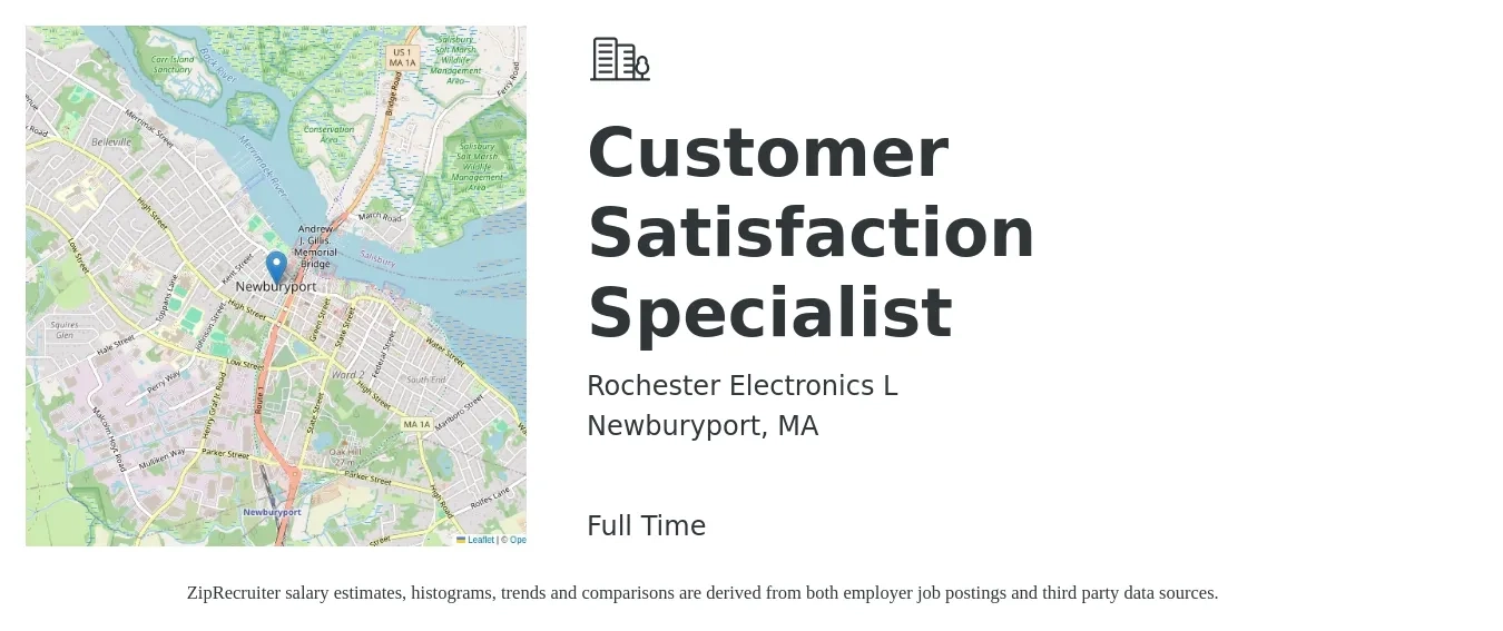 Rochester Electronics L job posting for a Customer Satisfaction Specialist in Newburyport, MA with a salary of $18 to $24 Hourly with a map of Newburyport location.
