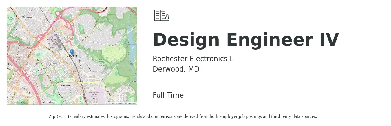 Rochester Electronics L job posting for a Design Engineer IV in Derwood, MD with a salary of $91,700 to $127,300 Yearly with a map of Derwood location.