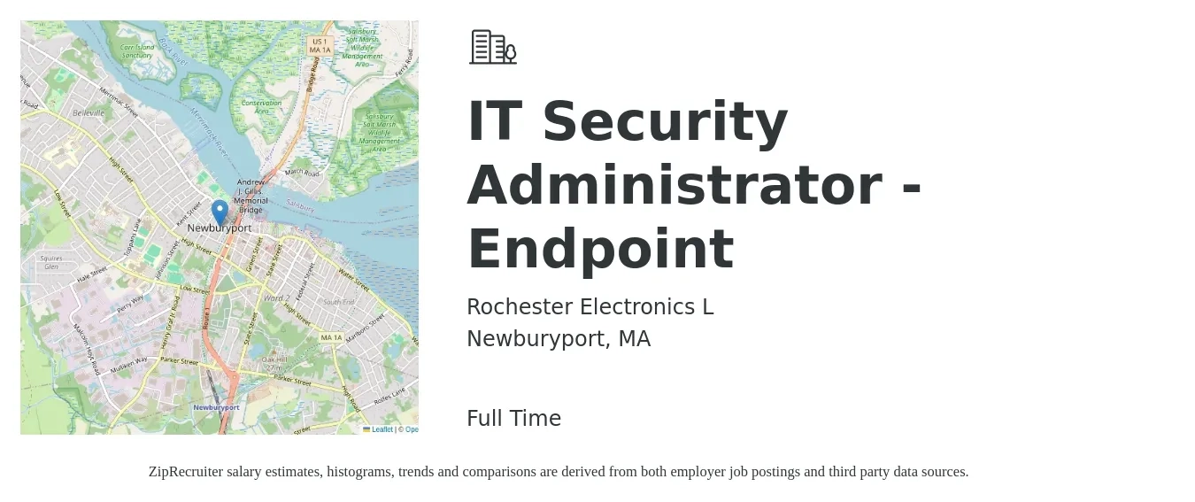 Rochester Electronics L job posting for a IT Security Administrator - Endpoint in Newburyport, MA with a salary of $81,800 to $115,600 Yearly with a map of Newburyport location.