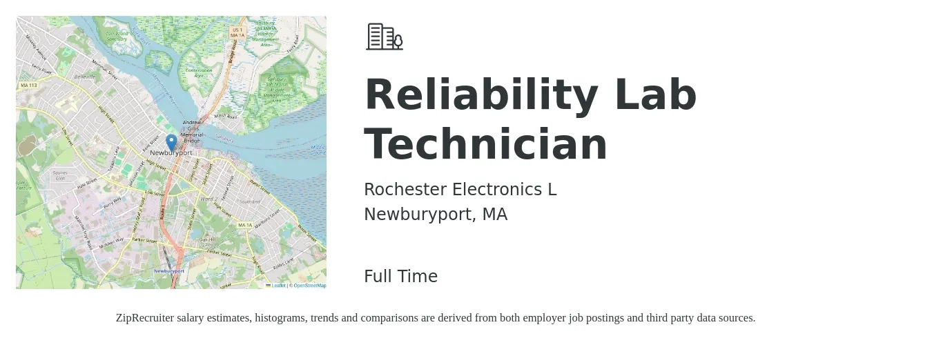 Rochester Electronics L job posting for a Reliability Lab Technician in Newburyport, MA with a salary of $25 to $38 Hourly with a map of Newburyport location.