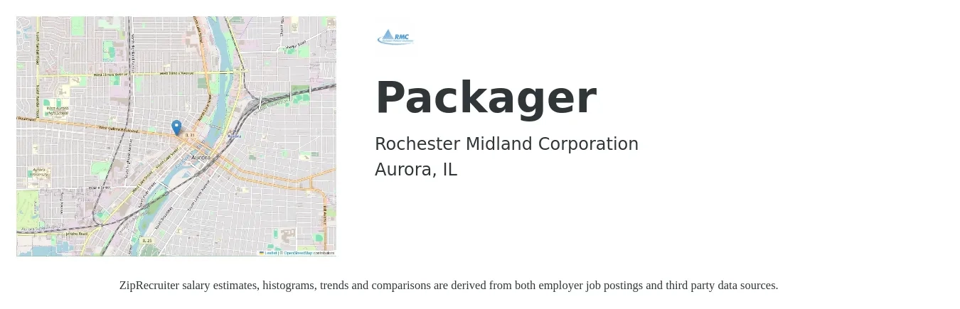 Rochester Midland Corporation job posting for a Packager in Aurora, IL with a salary of $15 to $18 Hourly with a map of Aurora location.