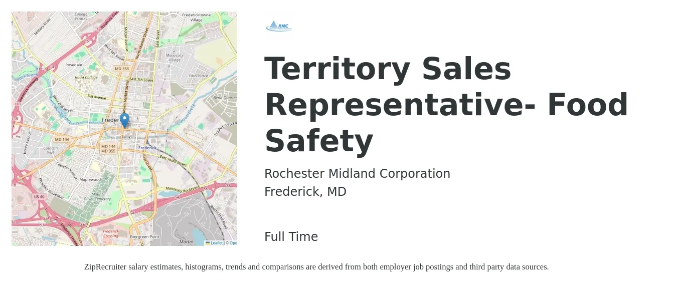 Rochester Midland Corporation job posting for a Territory Sales Representative- Food Safety in Frederick, MD with a salary of $49,700 to $82,500 Yearly with a map of Frederick location.