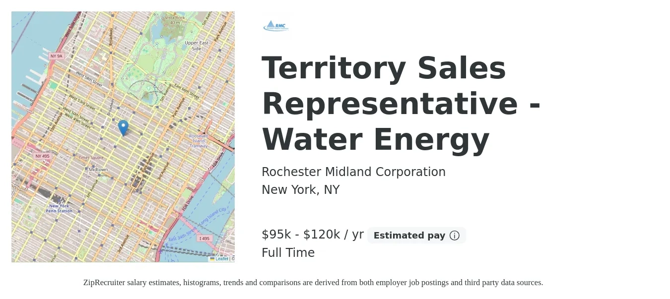Rochester Midland Corporation job posting for a Territory Sales Representative - Water Energy in New York, NY with a salary of $95,000 to $120,000 Yearly with a map of New York location.