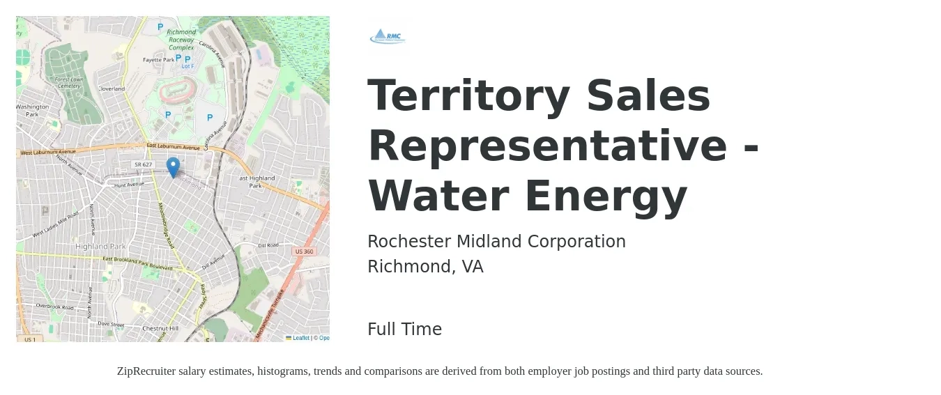 Rochester Midland Corporation job posting for a Territory Sales Representative - Water Energy in Richmond, VA with a salary of $48,900 to $81,200 Yearly with a map of Richmond location.