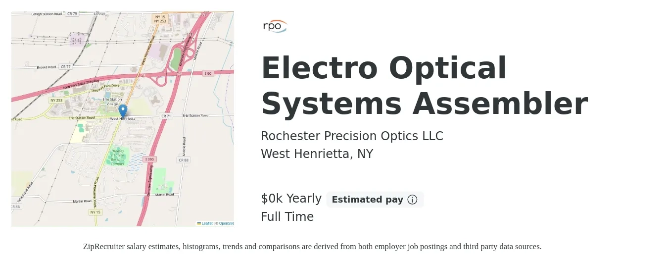 Rochester Precision Optics LLC job posting for a Electro Optical Systems Assembler in West Henrietta, NY with a salary of $20 to $26 Yearly with a map of West Henrietta location.