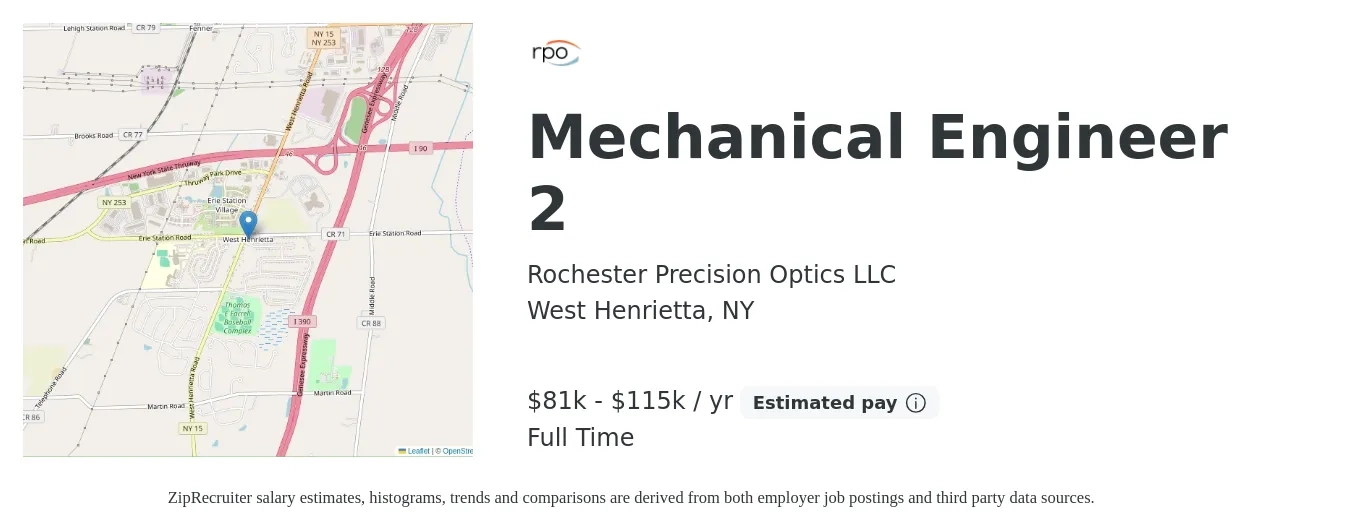 Rochester Precision Optics LLC job posting for a Mechanical Engineer 2 in West Henrietta, NY with a salary of $81,718 to $115,413 Yearly with a map of West Henrietta location.