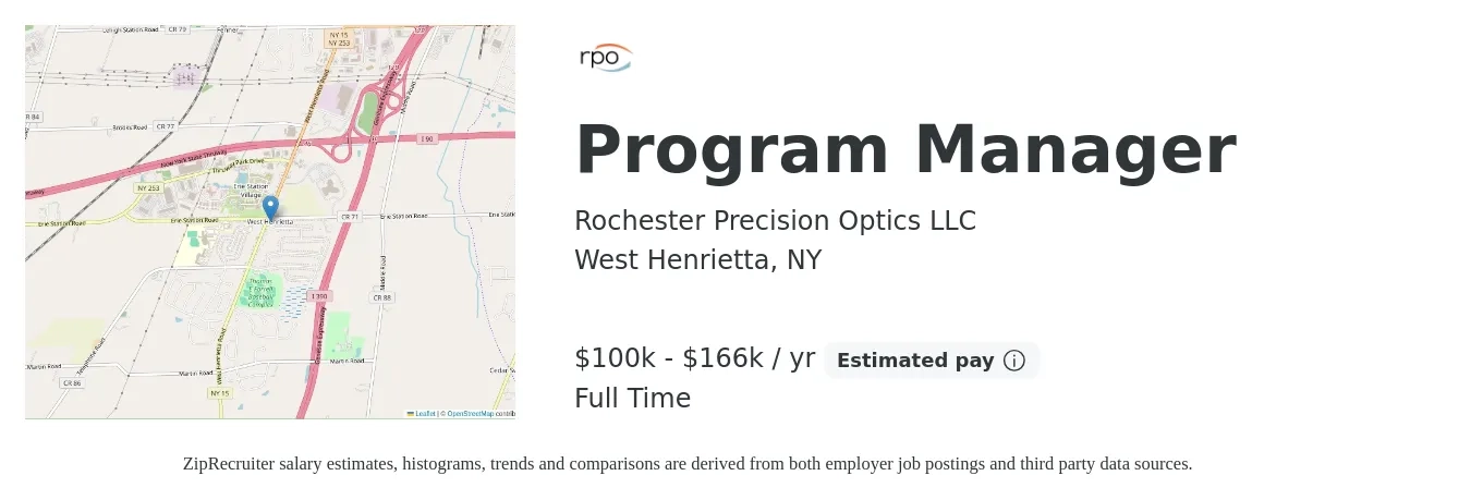 Rochester Precision Optics LLC job posting for a Program Manager in West Henrietta, NY with a salary of $100,152 to $166,629 Yearly with a map of West Henrietta location.