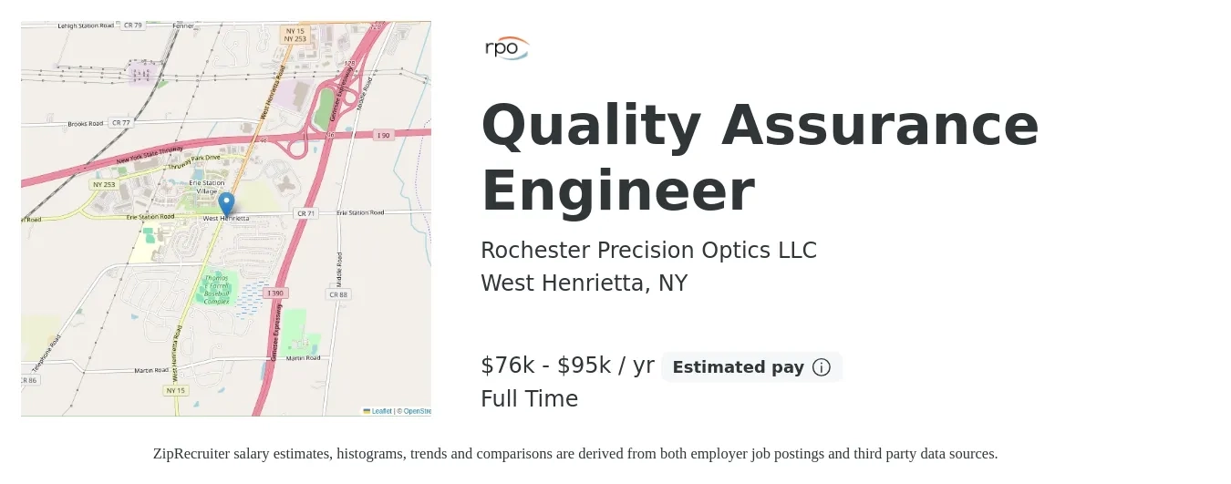 Rochester Precision Optics LLC job posting for a Quality Assurance Engineer in West Henrietta, NY with a salary of $76,657 to $95,000 Yearly with a map of West Henrietta location.