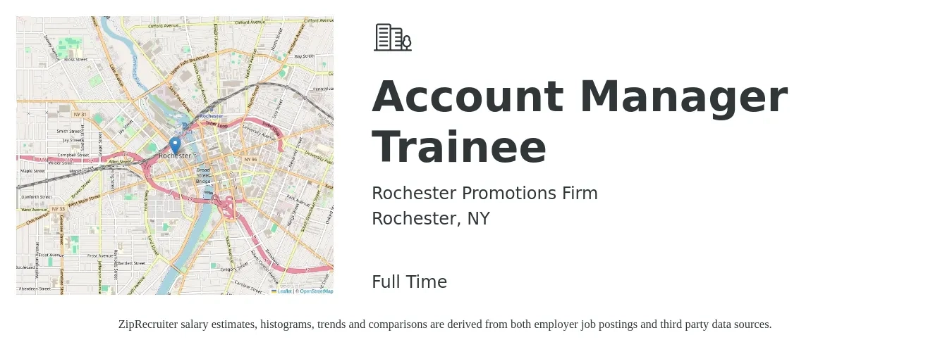 Rochester Promotions Firm job posting for a Account Manager Trainee in Rochester, NY with a salary of $46,400 to $59,200 Yearly with a map of Rochester location.