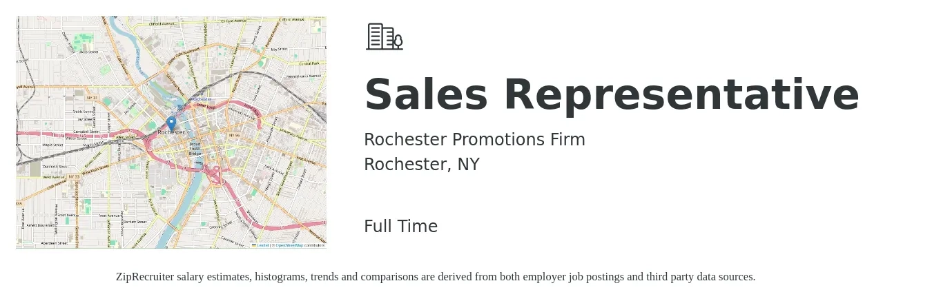Rochester Promotions Firm job posting for a Sales Representative in Rochester, NY with a salary of $52,800 to $91,800 Yearly with a map of Rochester location.