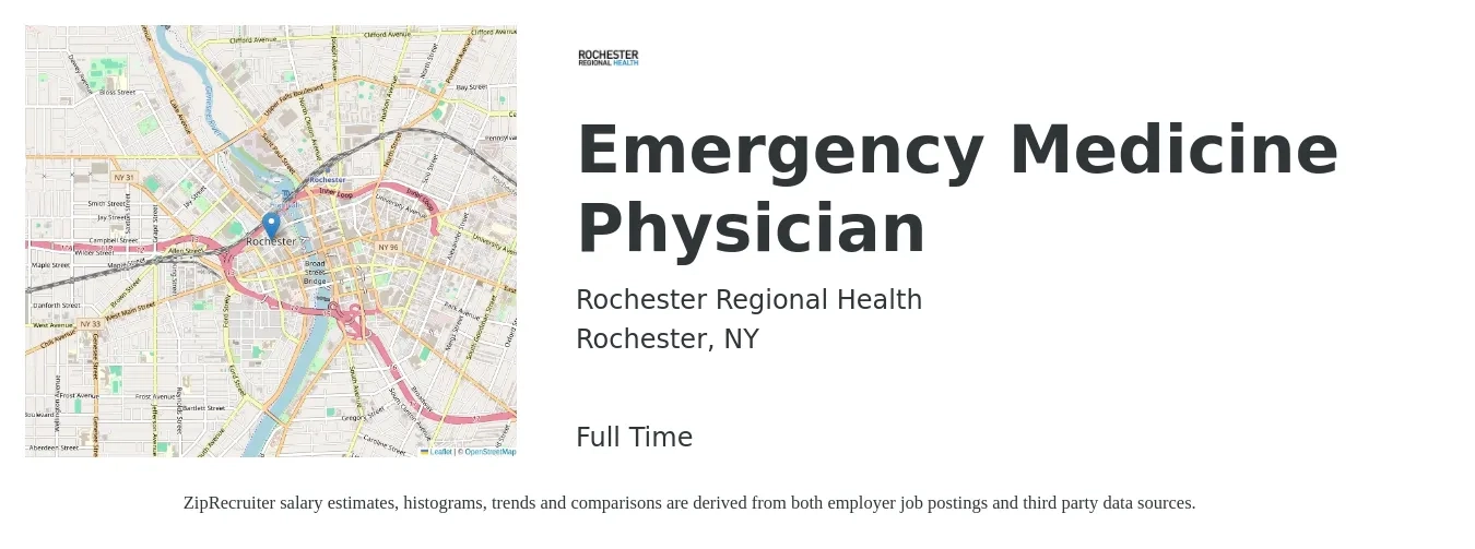 Rochester Regional Health job posting for a Emergency Medicine Physician in Rochester, NY with a salary of $265 to $300 Hourly with a map of Rochester location.